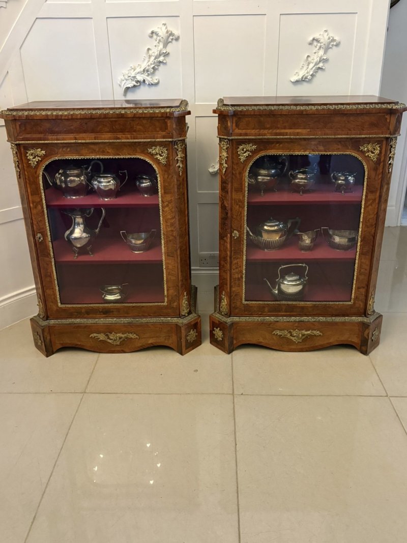 Antique Exceptional Pair of Victorian Burr Walnut Pier Cabinets with Ormolu Mounts - Image 2